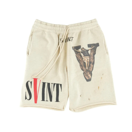 Vlone X Saint M×××××× Shorts in Grey: Elevate your street style with these sleek and trendy urban shorts.