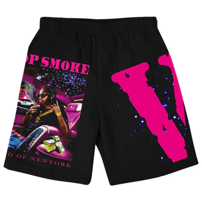 Pop Smoke X Vlone King of NY Black Shorts: A bold statement piece for streetwear enthusiasts, blending style and attitude.