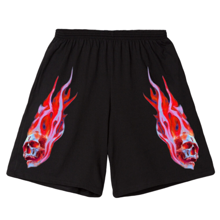 Vlone Skully Red Flame Black Short: Make a fiery statement in urban fashion with these bold and trendy shorts.