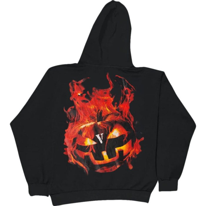 Vlone Halloween Flaming Pumpkin Hoodie in Black - Make a fiery statement with this bold Halloween-inspired streetwear.