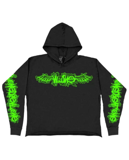 Vlone Wings Green Hoodie in black, showcasing urban streetwear style